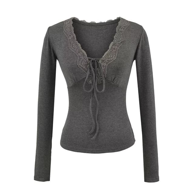 Long-Sleeve V-Neck Plain Lace Trim Tee