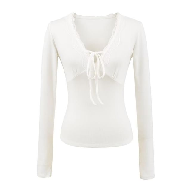 Long-Sleeve V-Neck Plain Lace Trim Tee