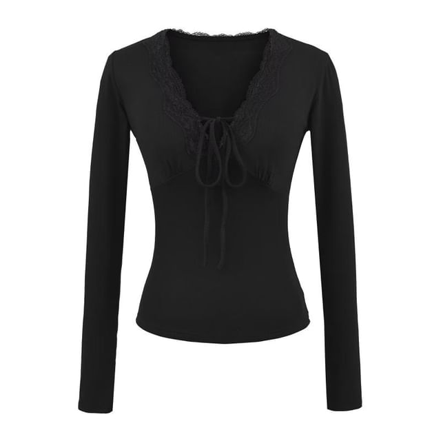 Long-Sleeve V-Neck Plain Lace Trim Tee