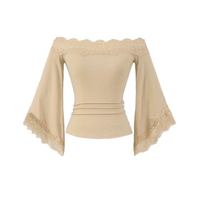 3/4-Sleeve Off Shoulder Plain Lace Trim Crop Tee