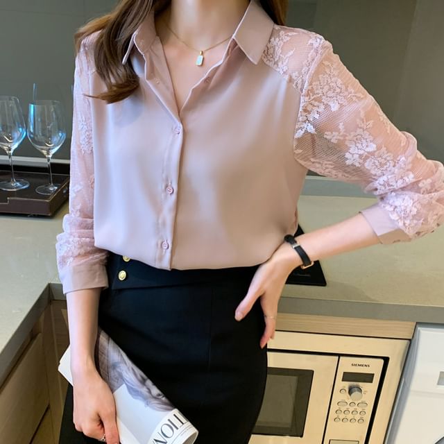 Long Sleeve Collared Plain Panel Lace Shirt