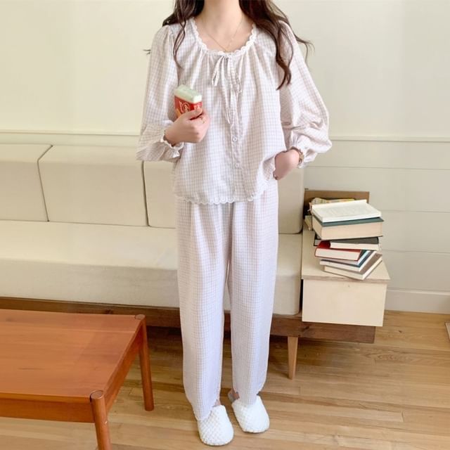 Matching Couple Blouse & Pants Set with Lace Trim