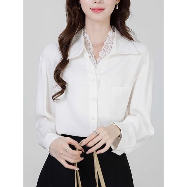 Collared Long-Sleeve Button Up Shirt with Lace Trim