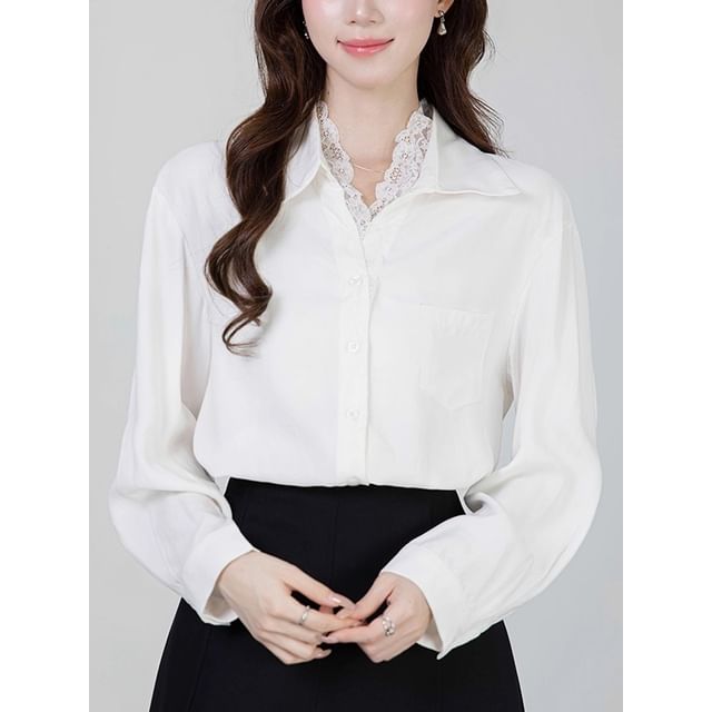 Collared Long-Sleeve Button Up Shirt with Lace Trim