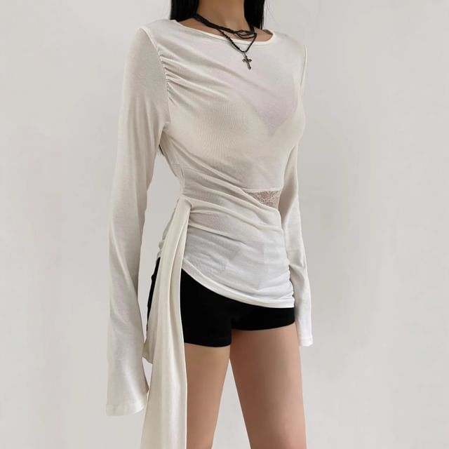 Long-Sleeve Round Neck Asymmetrical Lace Panel Ruched Sheer T-Shirt