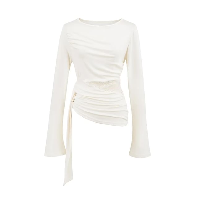 Long-Sleeve Round Neck Asymmetrical Lace Panel Ruched Sheer T-Shirt