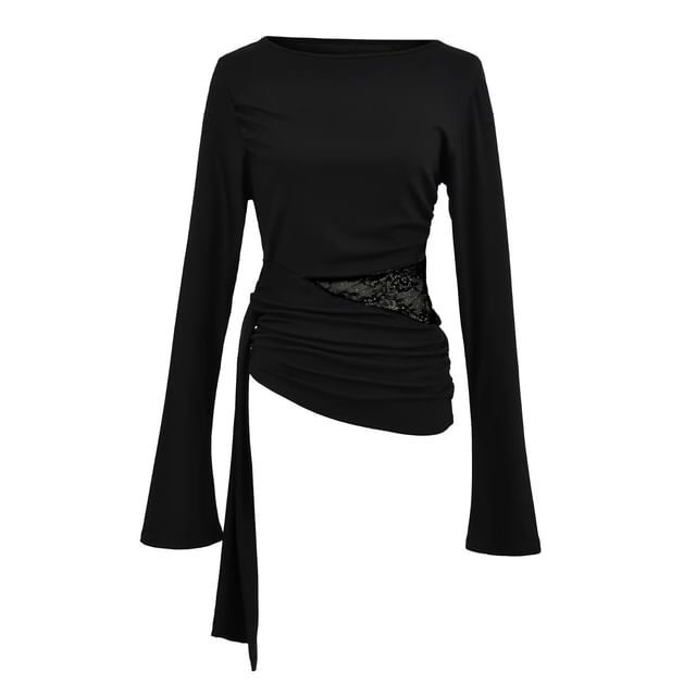 Long-Sleeve Round Neck Asymmetrical Lace Panel Ruched Sheer T-Shirt