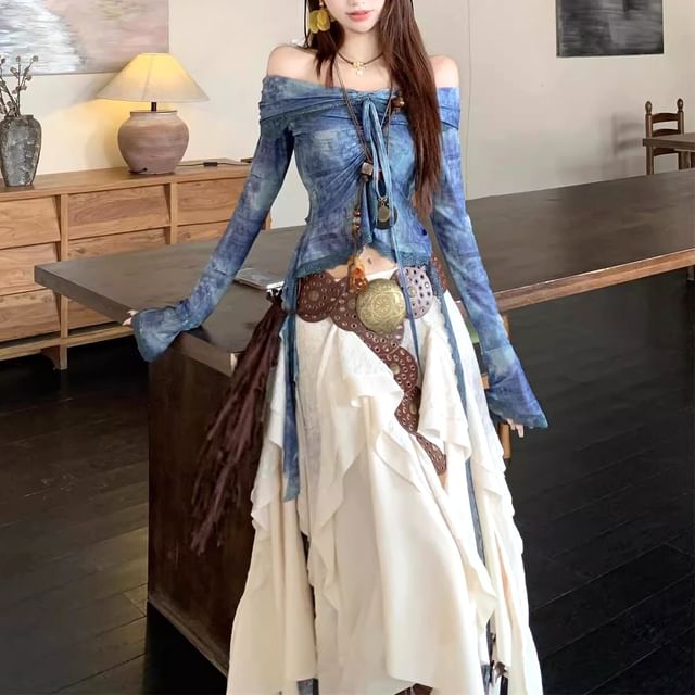 Off-Shoulder Tie Dye Asymmetrical Cropped Tee & Low Rise Maxi Skirt