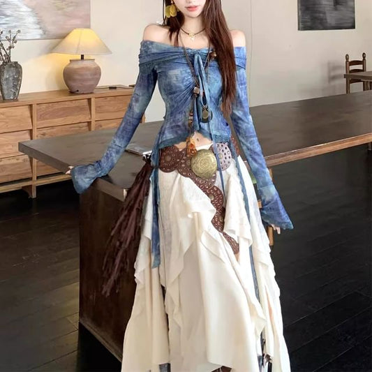Off-Shoulder Tie Dye Asymmetrical Cropped Tee & Low Rise Maxi Skirt