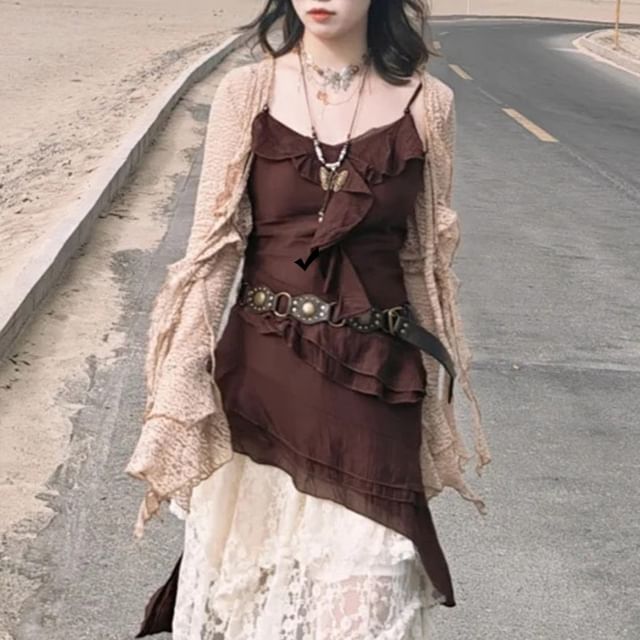 Spaghetti Strap Ruffle Asymmetrical Mini Dress & Cardigan & Midi Skirt