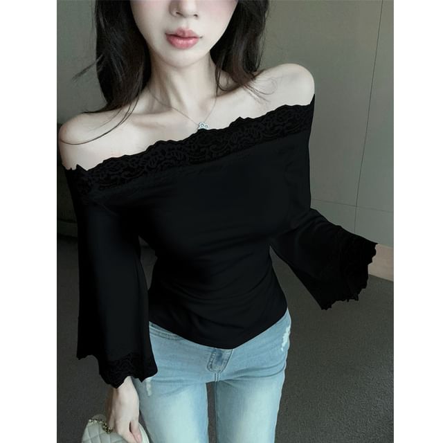 3/4-Sleeve Off-Shoulder Lace Panel Slim Fit Top