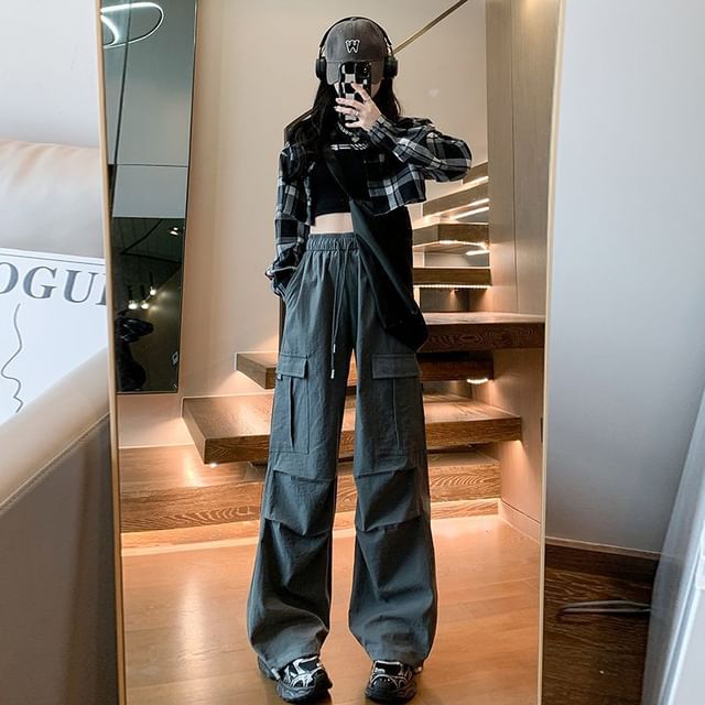 High Waist Plain Wide Leg Cargo Pants (Various Designs)