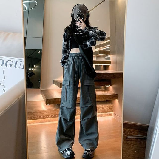 High Waist Plain Wide Leg Cargo Pants (Various Designs)
