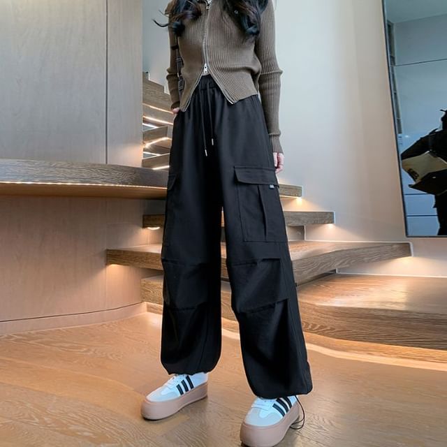 High Waist Plain Wide Leg Cargo Pants (Various Designs)
