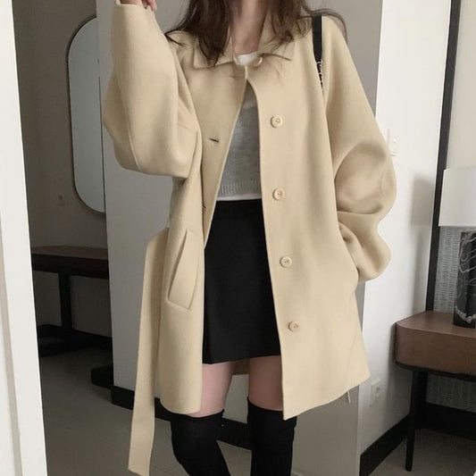 Collared Plain Button Tie-Waist Coat