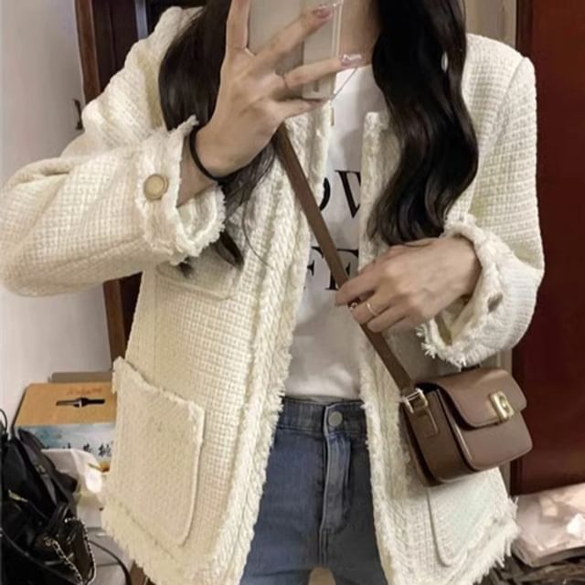 Crew Neck Plain Frayed Open Front Tweed Jacket