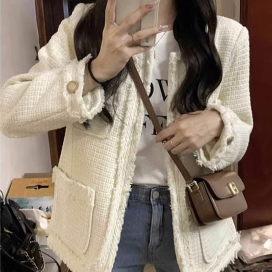 Crew Neck Plain Frayed Open Front Tweed Jacket