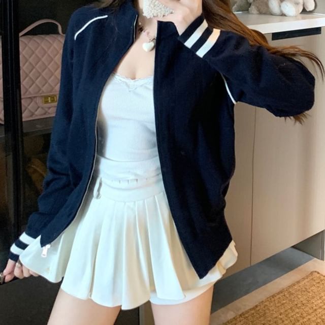 Stand Collar Two Tone Zip Cardigan