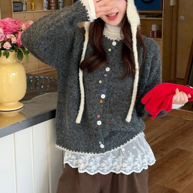 Contrast Trim Round Neck Cardigan
