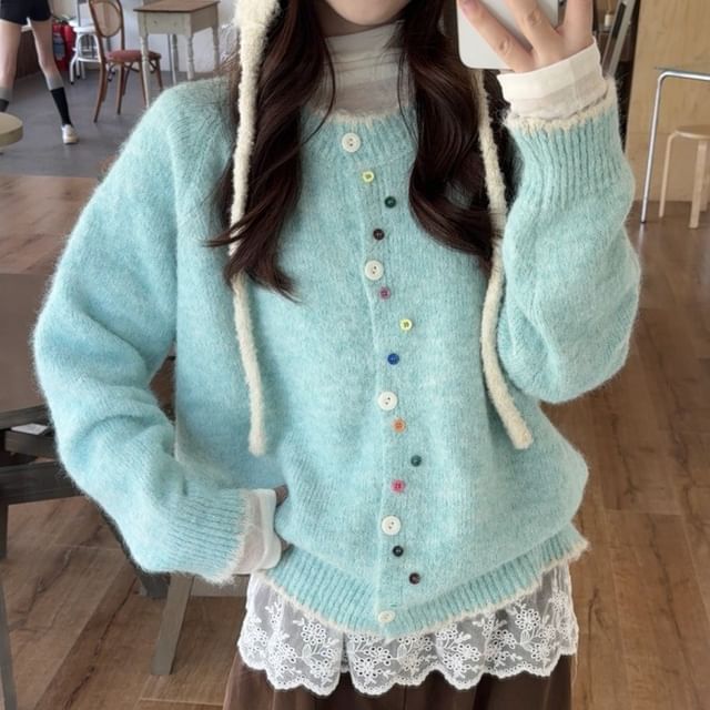 Contrast Trim Round Neck Cardigan