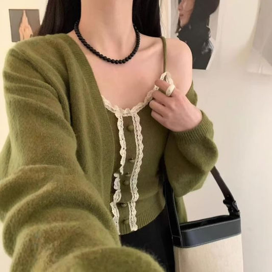Set: Lace Trim Knit Cami Top & Cardigan