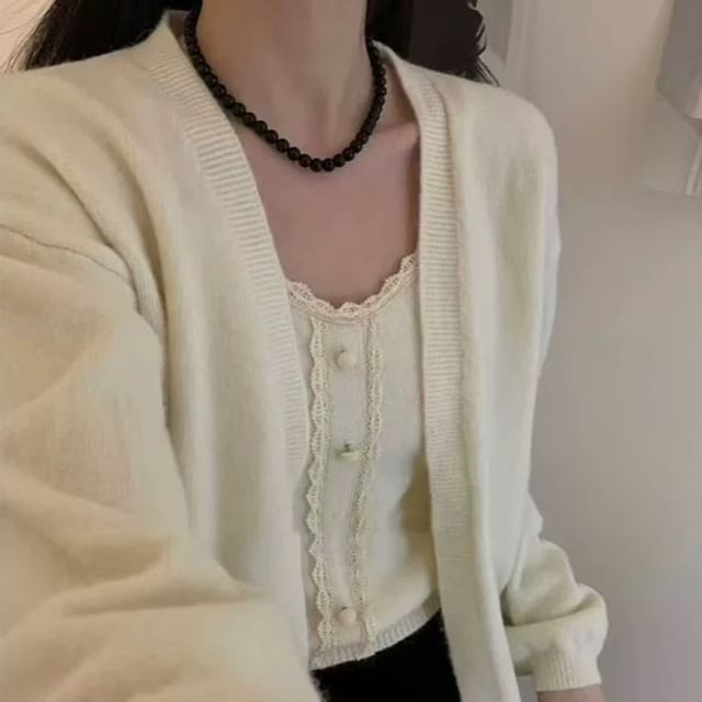 Set: Lace Trim Knit Cami Top & Cardigan