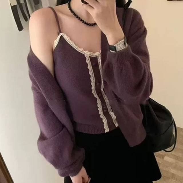Set: Lace Trim Knit Cami Top & Cardigan