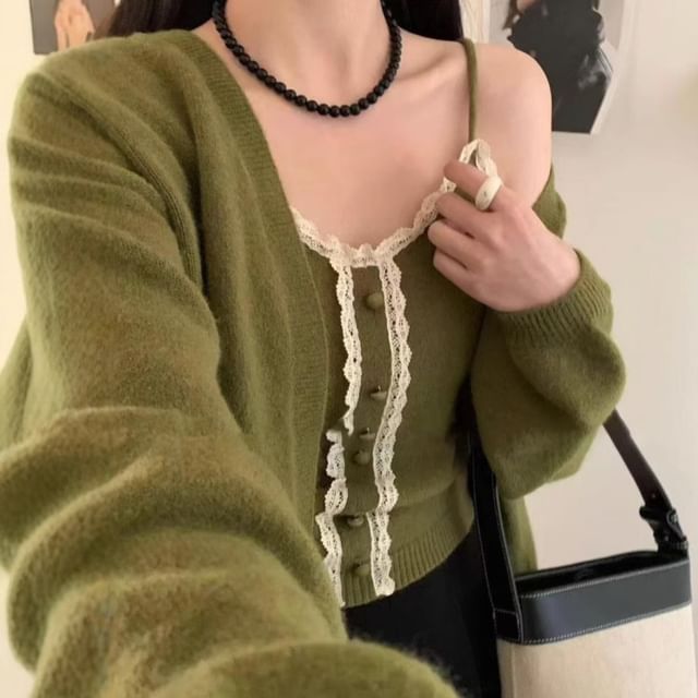Set: Lace Trim Knit Cami Top & Cardigan