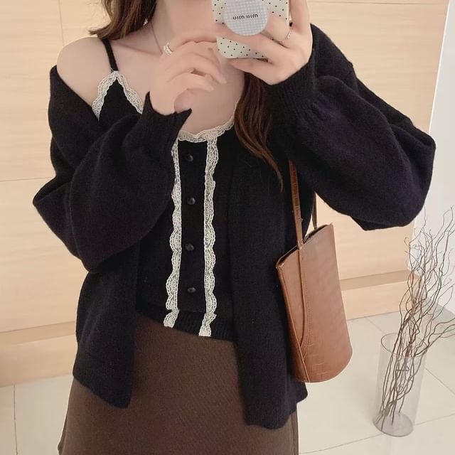 Set: Lace Trim Knit Cami Top & Cardigan