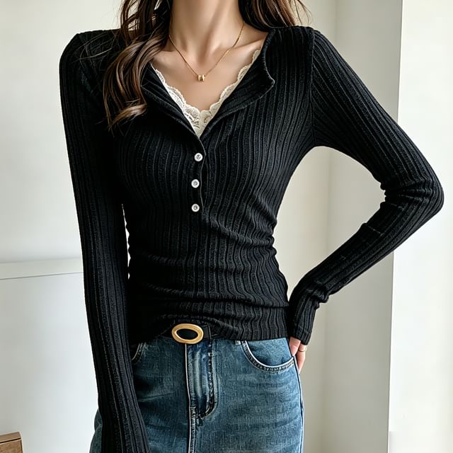 Mock Two-Piece Henley Ribbed Tee with Lace Panel