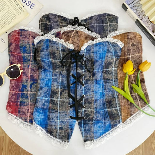 Plaid Lace Trim Tube Top