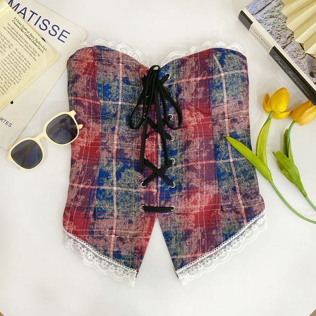 Plaid Lace Trim Tube Top