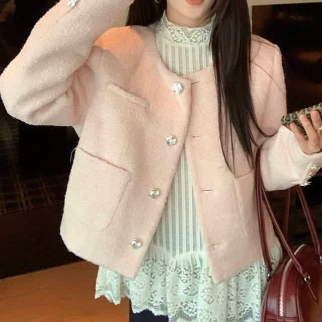 Round Neck Button Jacket & Stand Collar Lace Top