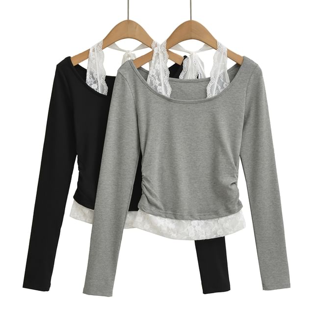 Scoop Neck Long-Sleeve Tee with Lace Trim