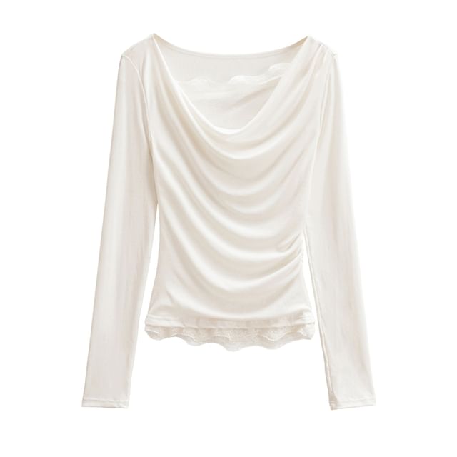 Cowl Neck Long-Sleeve Tee with Lace Trim