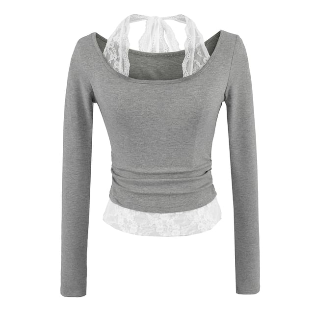 Scoop Neck Long-Sleeve Tee with Lace Trim