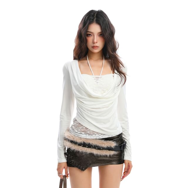 Halter Cowl Neck Ruched Tee with Lace Panel