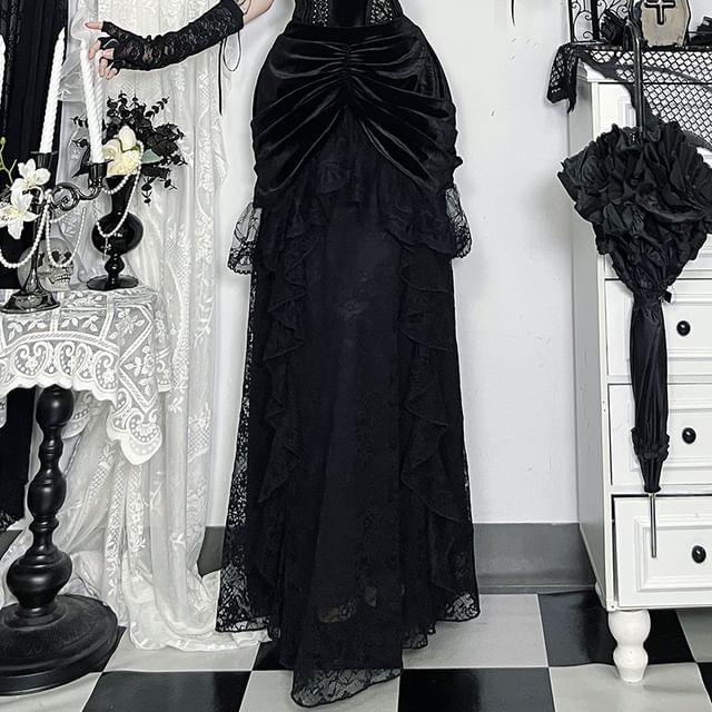 Halter Neck Lace Bustier & High Waist Maxi A-Line Skirt