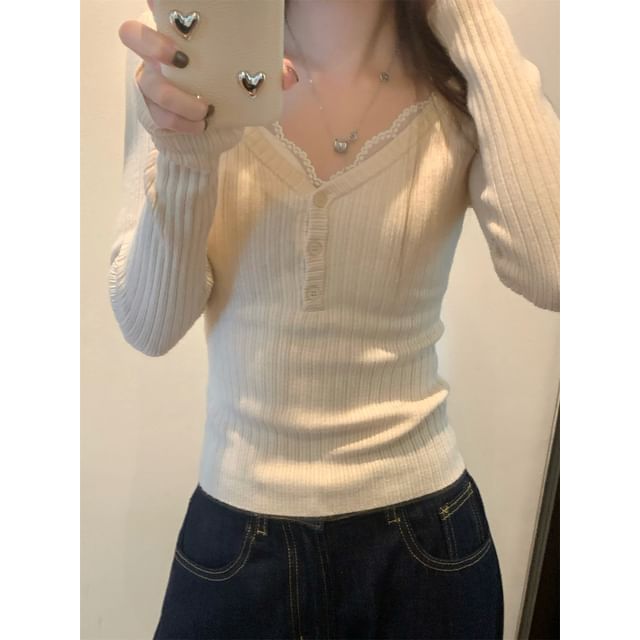 V-Neck Henley Ribbed Knit Top & Padded Lace Camisole