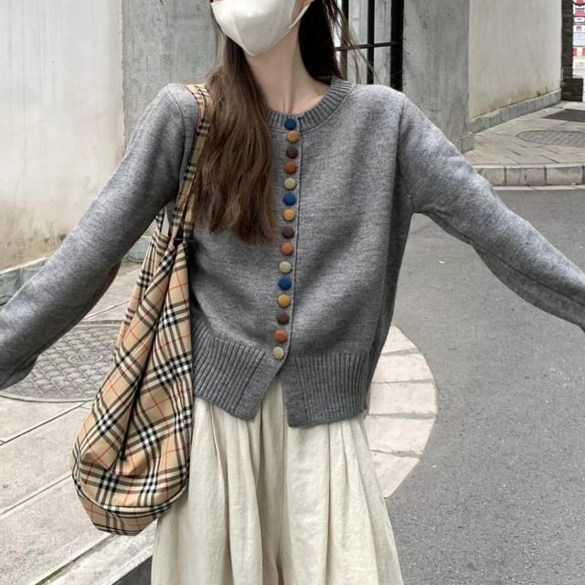 Crewneck Button-Front Knit Cardigan