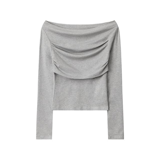 Off-Shoulder Long-Sleeved Plain Slim-Fit T-Shirt