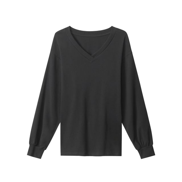 Long Sleeve V-Neck Plain Lace-Up Back T-Shirt