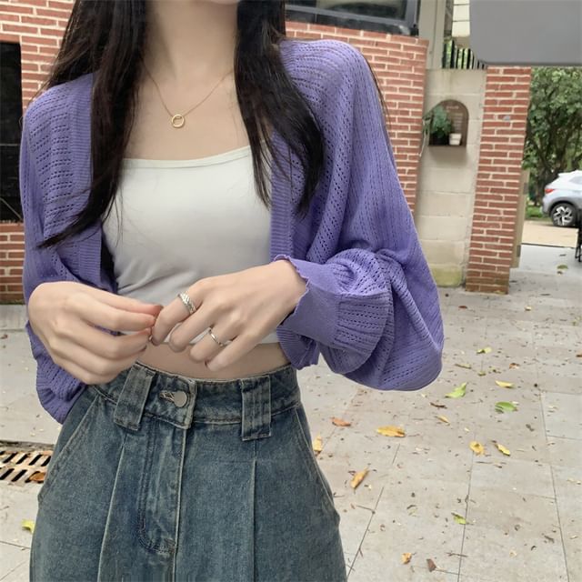 Perforated Open Front Plain Crop Cardigan