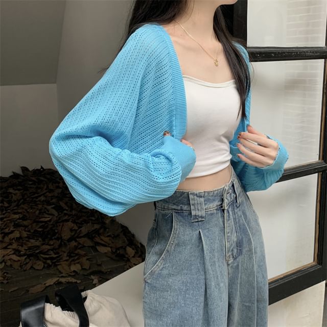 Perforated Open Front Plain Crop Cardigan