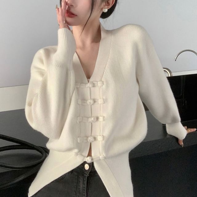 Frog Buttoned V-Neck Plain Cardigan