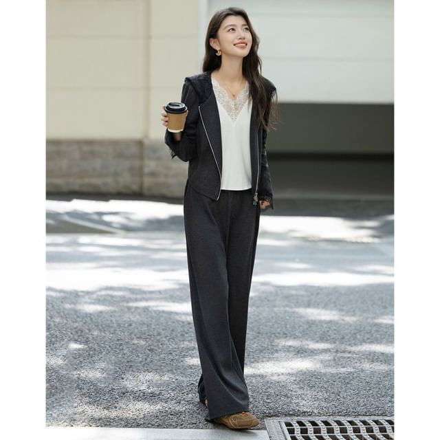 Lace Panel Zip-Up Crop Hoodie with Wide Leg Pants Set
