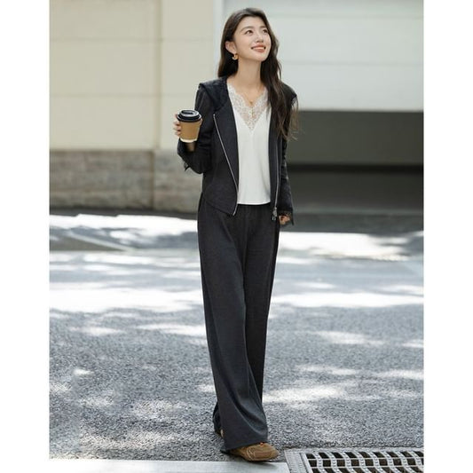 Lace Panel Zip-Up Crop Hoodie with Wide Leg Pants Set