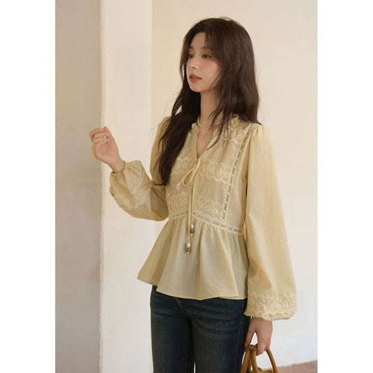 Long-Sleeve Stand Collar Lace Panel Frill Blouse