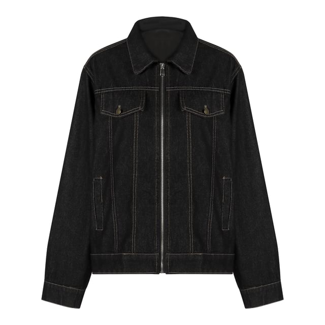 Collared Contrast Stitched Zip-Up Denim Jacket / Low Waist Hot Pants / Wide Leg Jeans