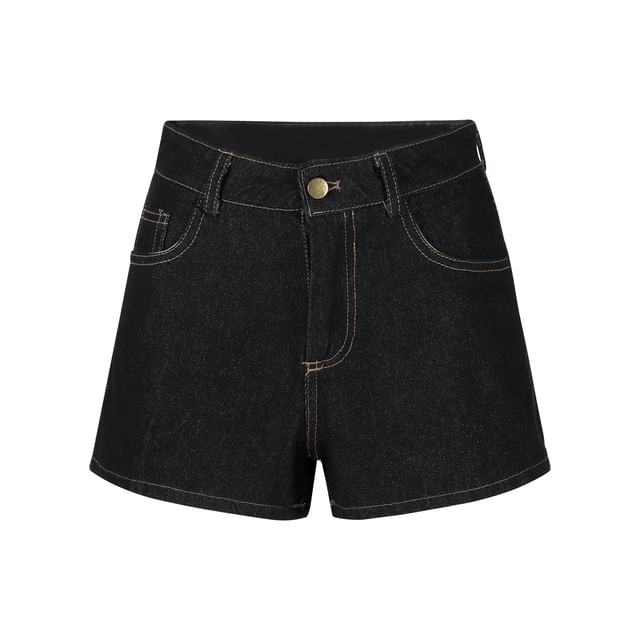 Collared Contrast Stitched Zip-Up Denim Jacket / Low Waist Hot Pants / Wide Leg Jeans